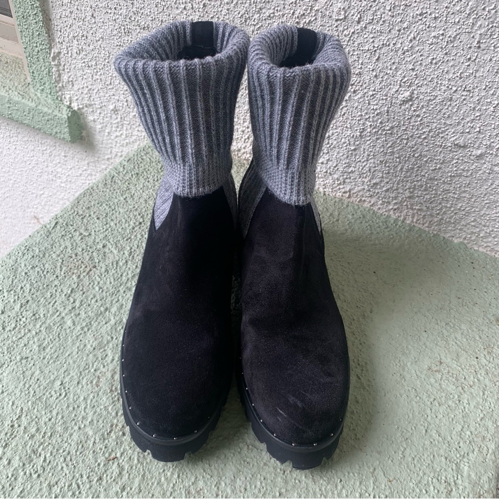 Freda Salvador Mid Calf Knit Black Suede Lug Sole Boots - Picture 8 of 14
